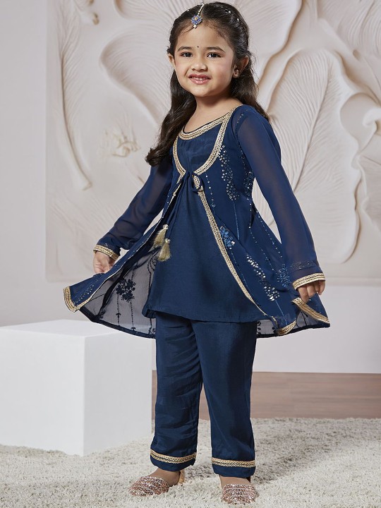 VASTRAMAY Girls Round Neck Regular Sequinned Georgette Kurta & Trouser & Jacket